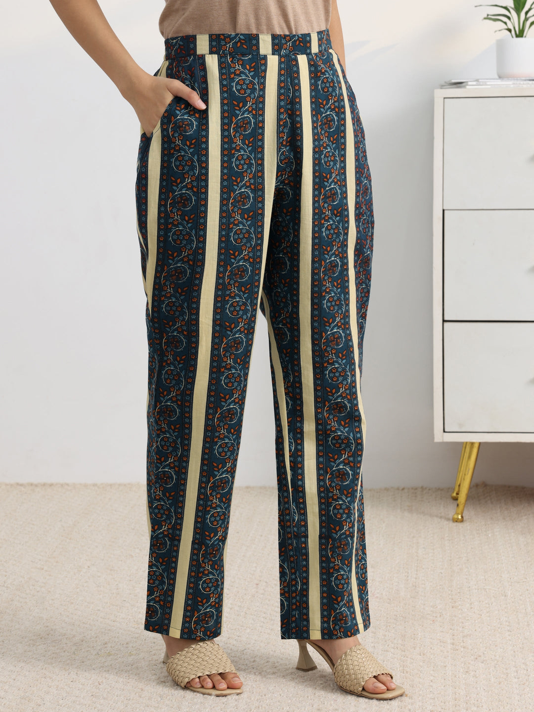 Blue Floral Printed Cotton Blend A-Line Suit Set With Dupatta