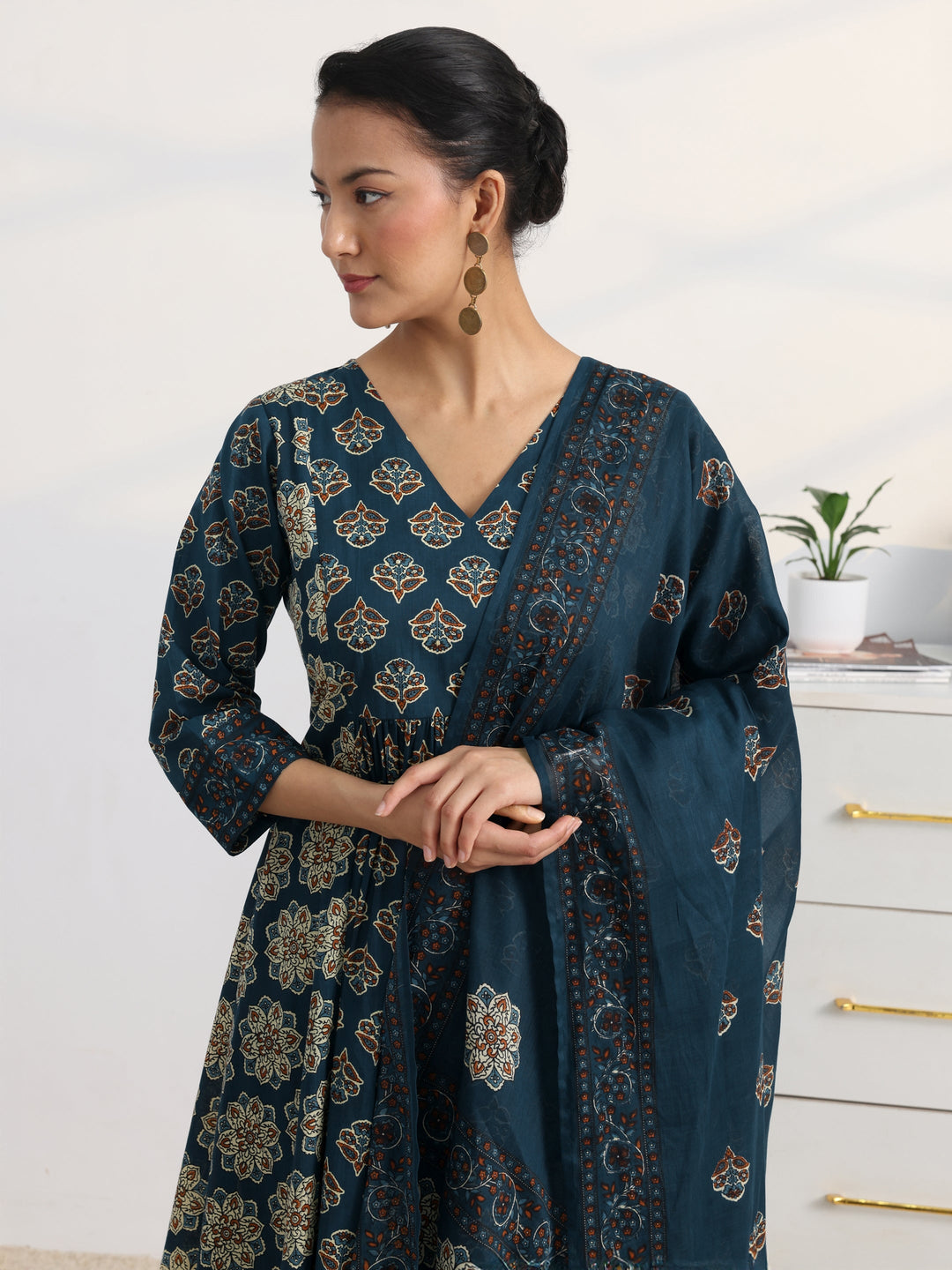 Blue Floral Printed Cotton Blend A-Line Suit Set With Dupatta