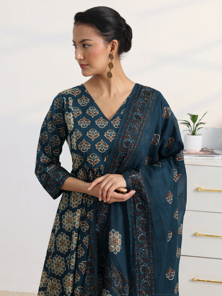 Blue Floral Printed Cotton Blend A-Line Suit Set With Dupatta