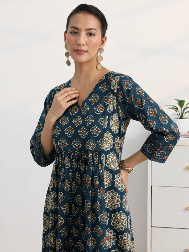 Blue Floral Printed Cotton Blend A-Line Suit Set With Dupatta