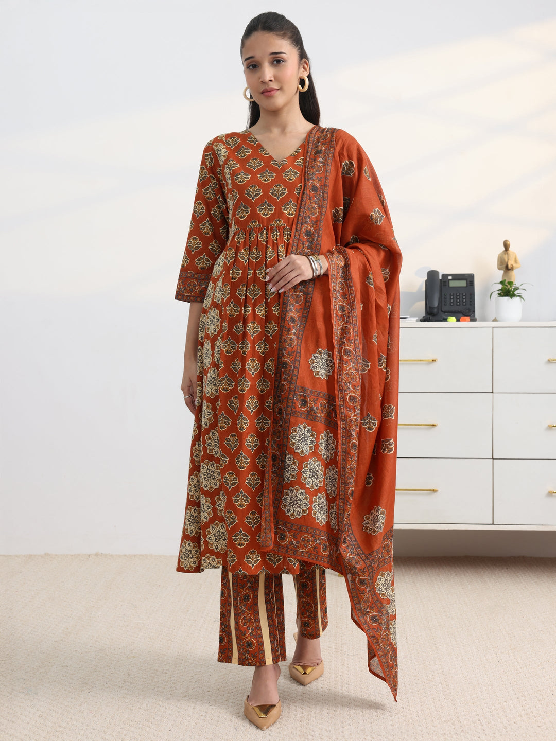 Rust Floral Printed Cotton Blend A-Line Suit Set With Dupatta