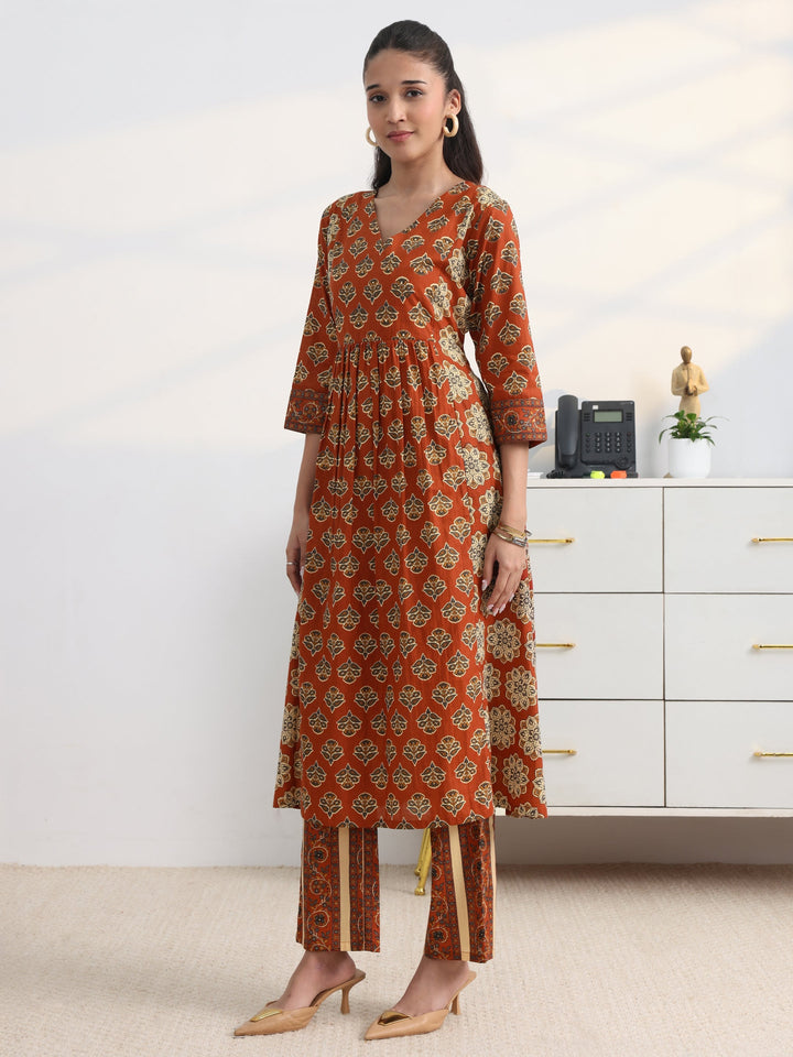 Rust Floral Printed Cotton Blend A-Line Suit Set With Dupatta