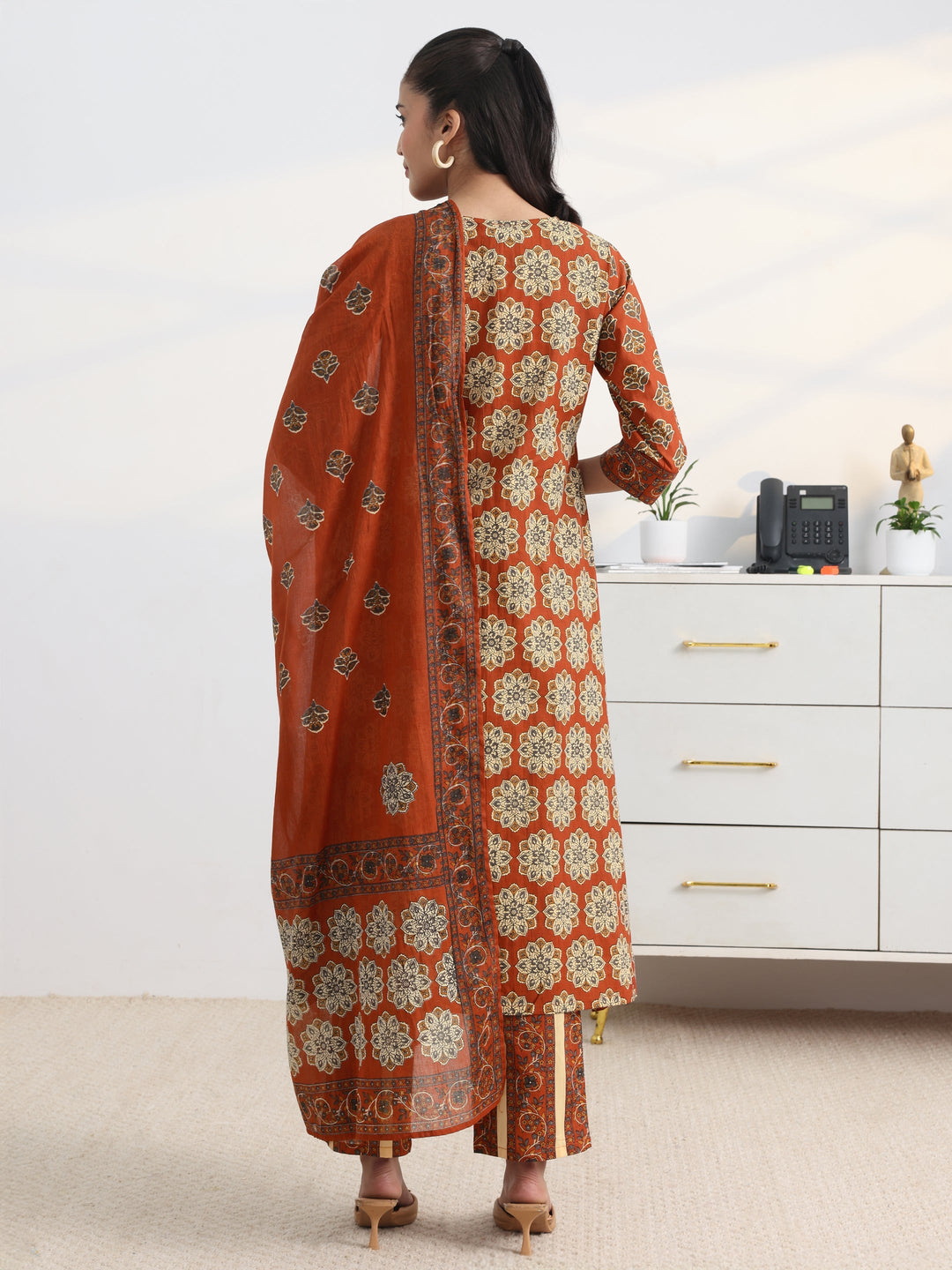 Rust Floral Printed Cotton Blend A-Line Suit Set With Dupatta
