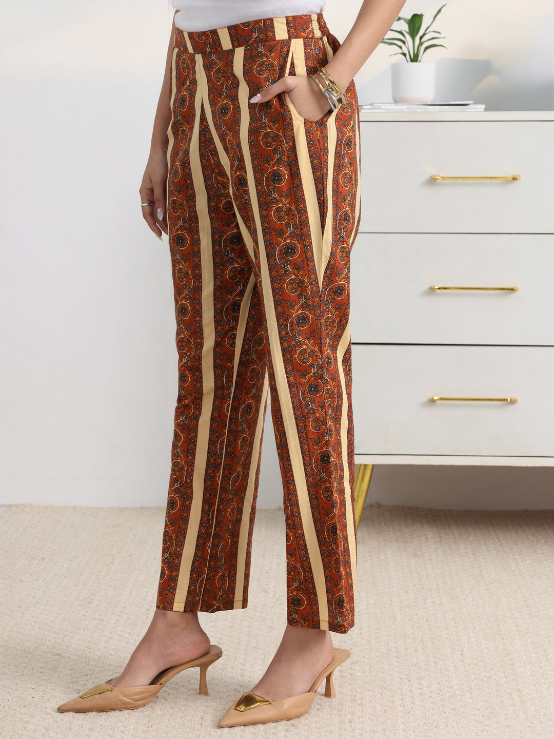 Rust Floral Printed Cotton Blend A-Line Suit Set With Dupatta