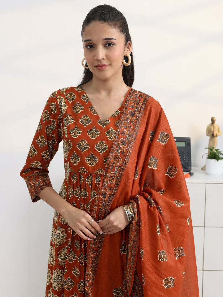 Rust Floral Printed Cotton Blend A-Line Suit Set With Dupatta