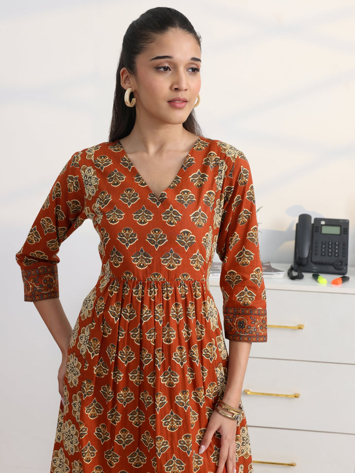 Rust Floral Printed Cotton Blend A-Line Suit Set With Dupatta