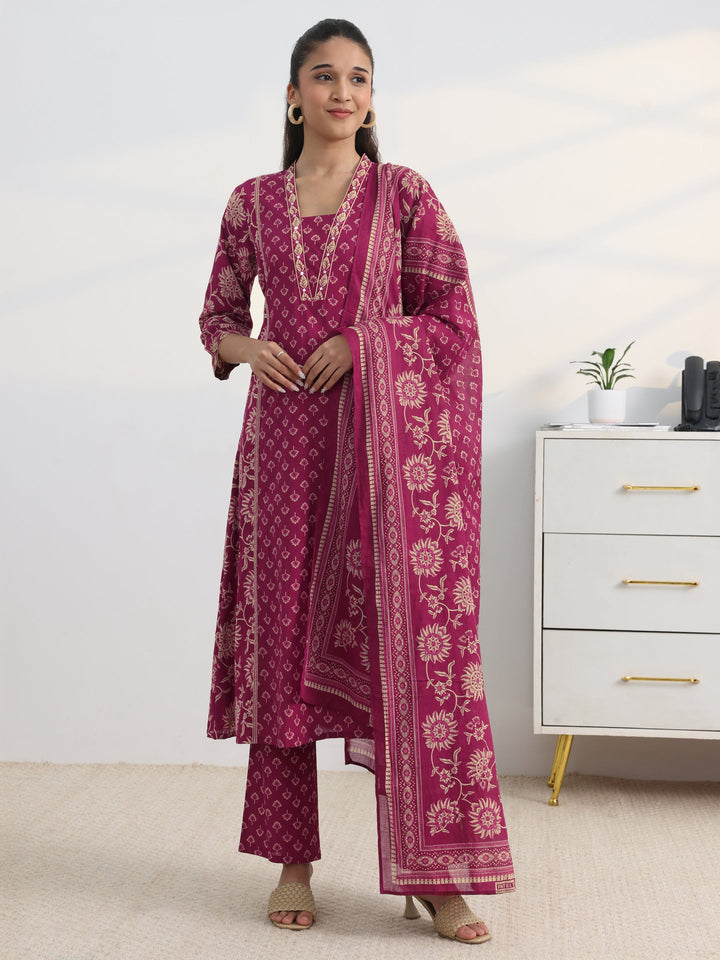 Pink Floral Printed Cotton Blend A-Line Suit Set With Dupatta