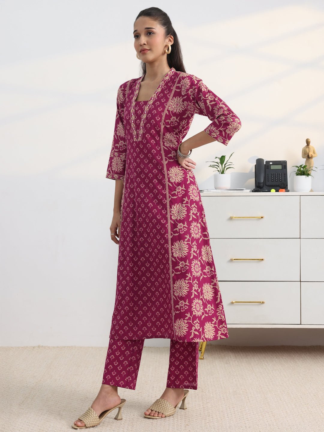 Pink Floral Printed Cotton Blend A-Line Suit Set With Dupatta