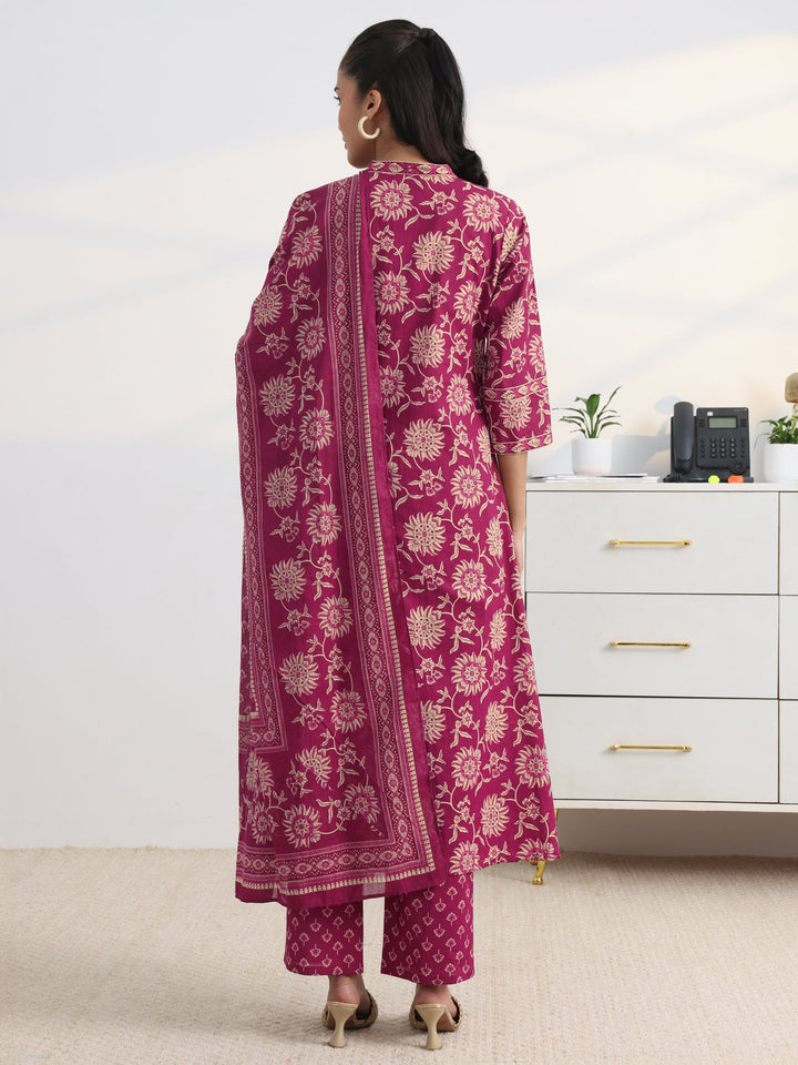 Pink Floral Printed Cotton Blend A-Line Suit Set With Dupatta