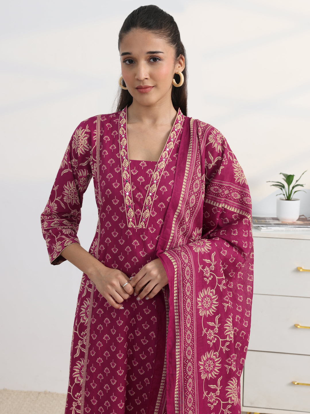Pink Floral Printed Cotton Blend A-Line Suit Set With Dupatta