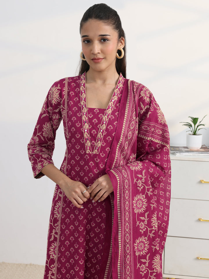 Pink Floral Printed Cotton Blend A-Line Suit Set With Dupatta