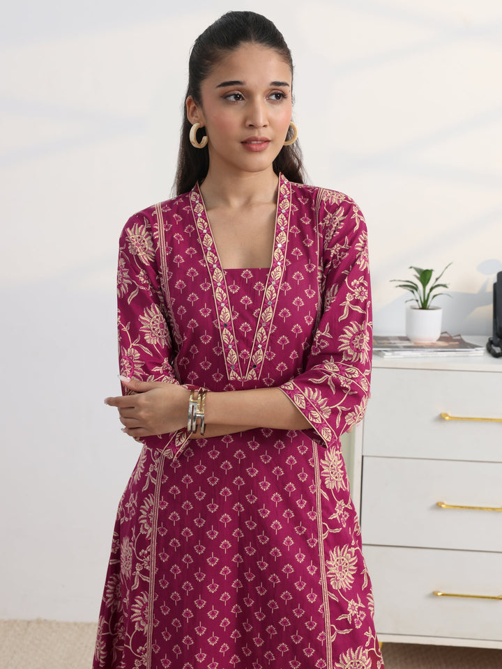Pink Floral Printed Cotton Blend A-Line Suit Set With Dupatta