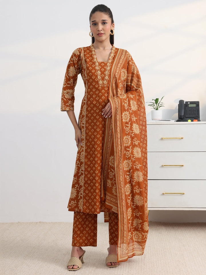 Rust Floral Printed Cotton Blend A-Line Suit Set With Dupatta