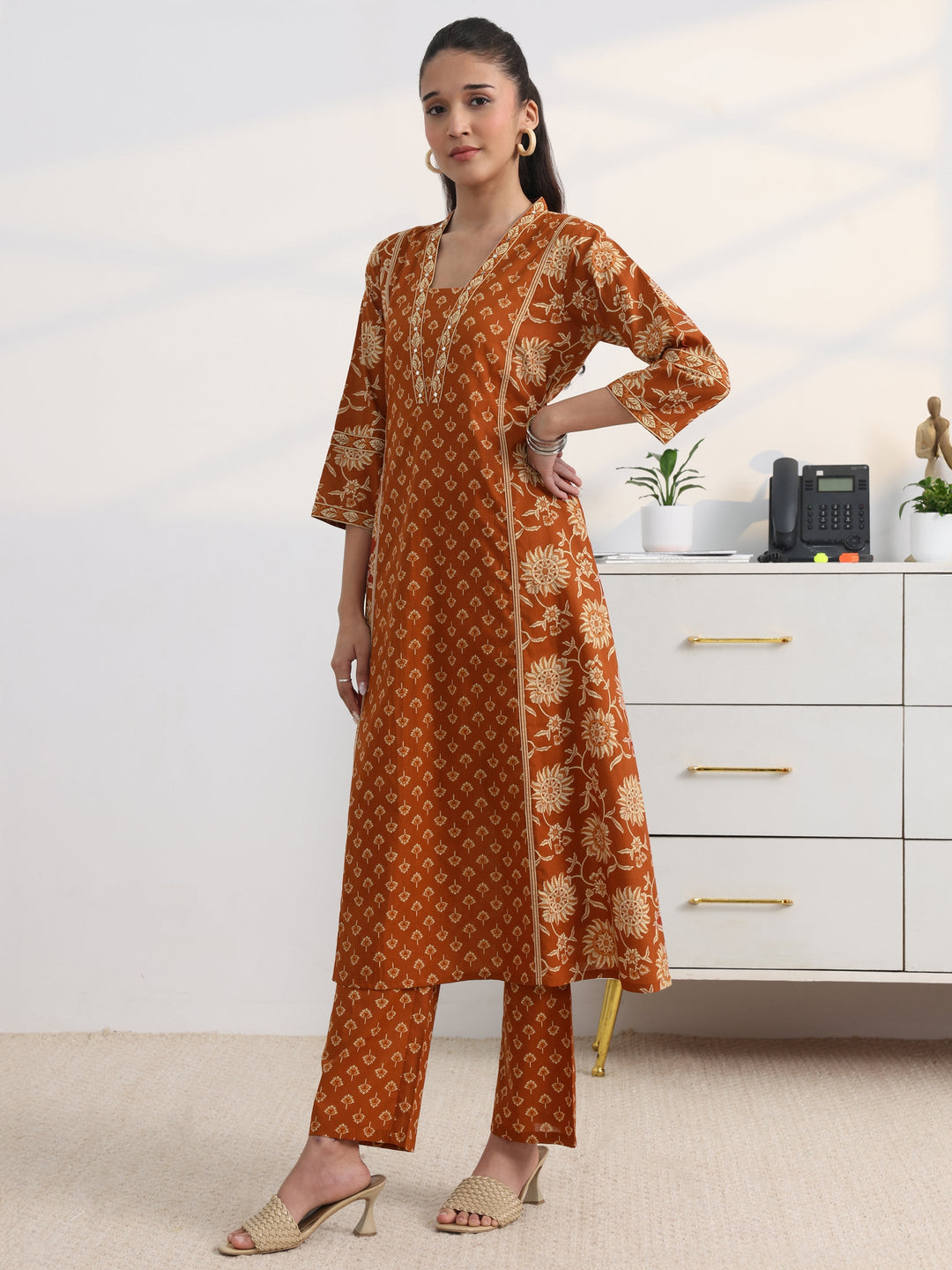 Rust Floral Printed Cotton Blend A-Line Suit Set With Dupatta