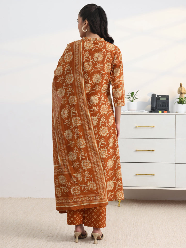 Rust Floral Printed Cotton Blend A-Line Suit Set With Dupatta