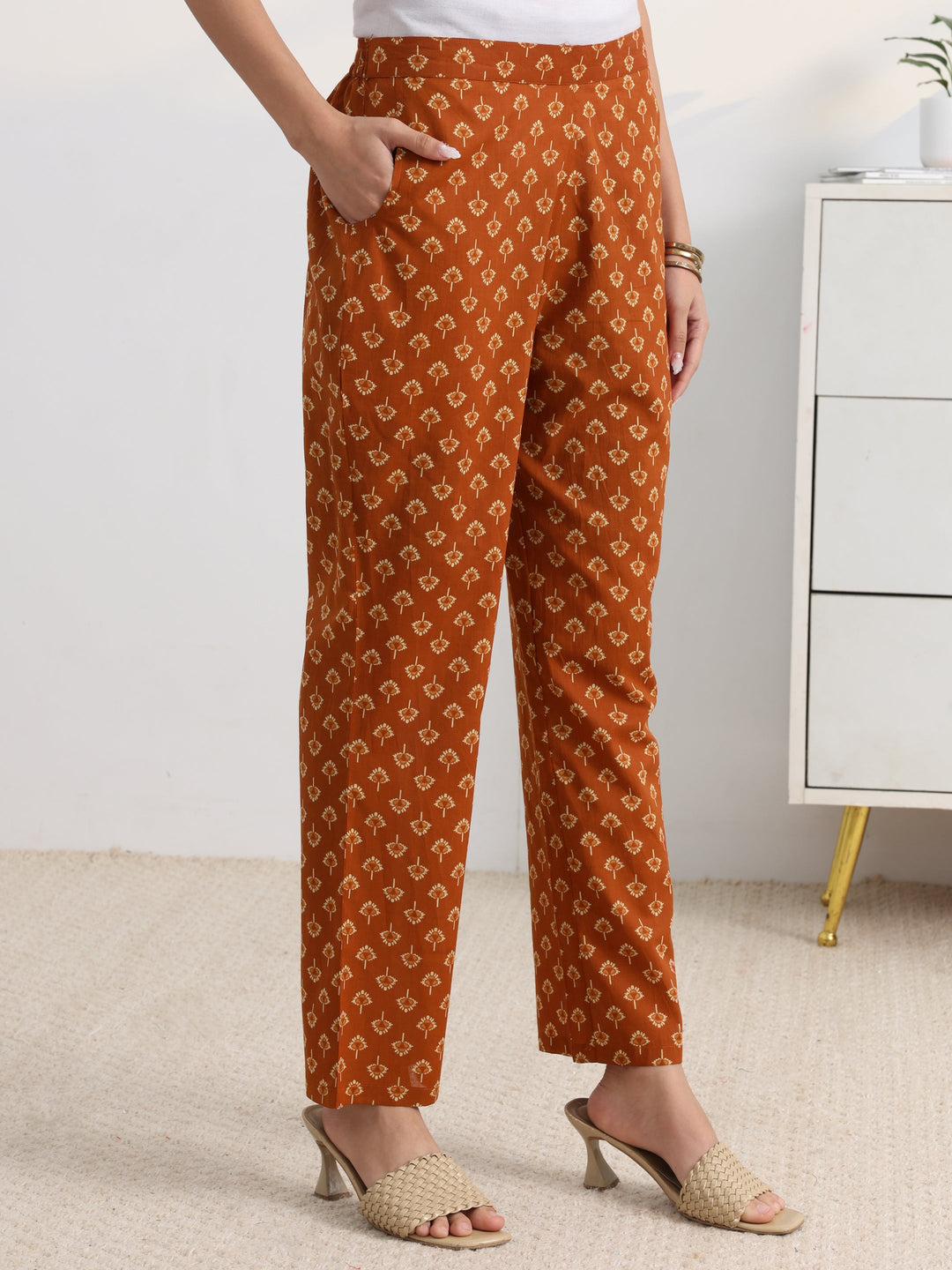 Rust Floral Printed Cotton Blend A-Line Suit Set With Dupatta
