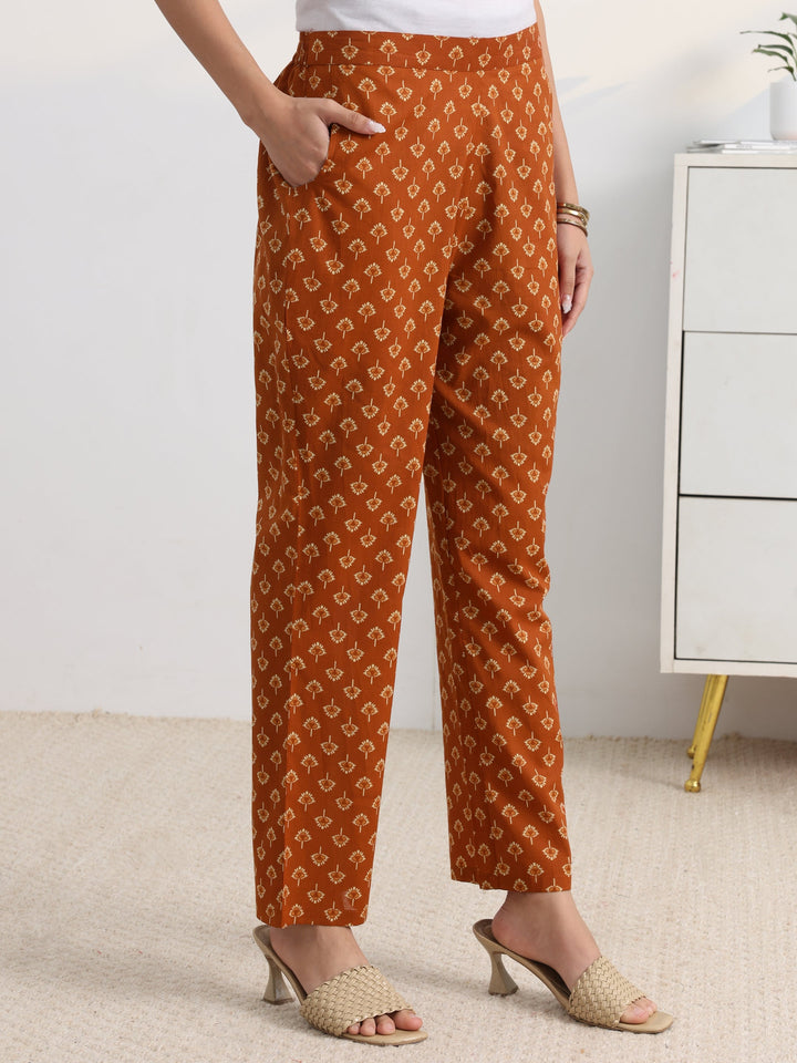 Rust Floral Printed Cotton Blend A-Line Suit Set With Dupatta
