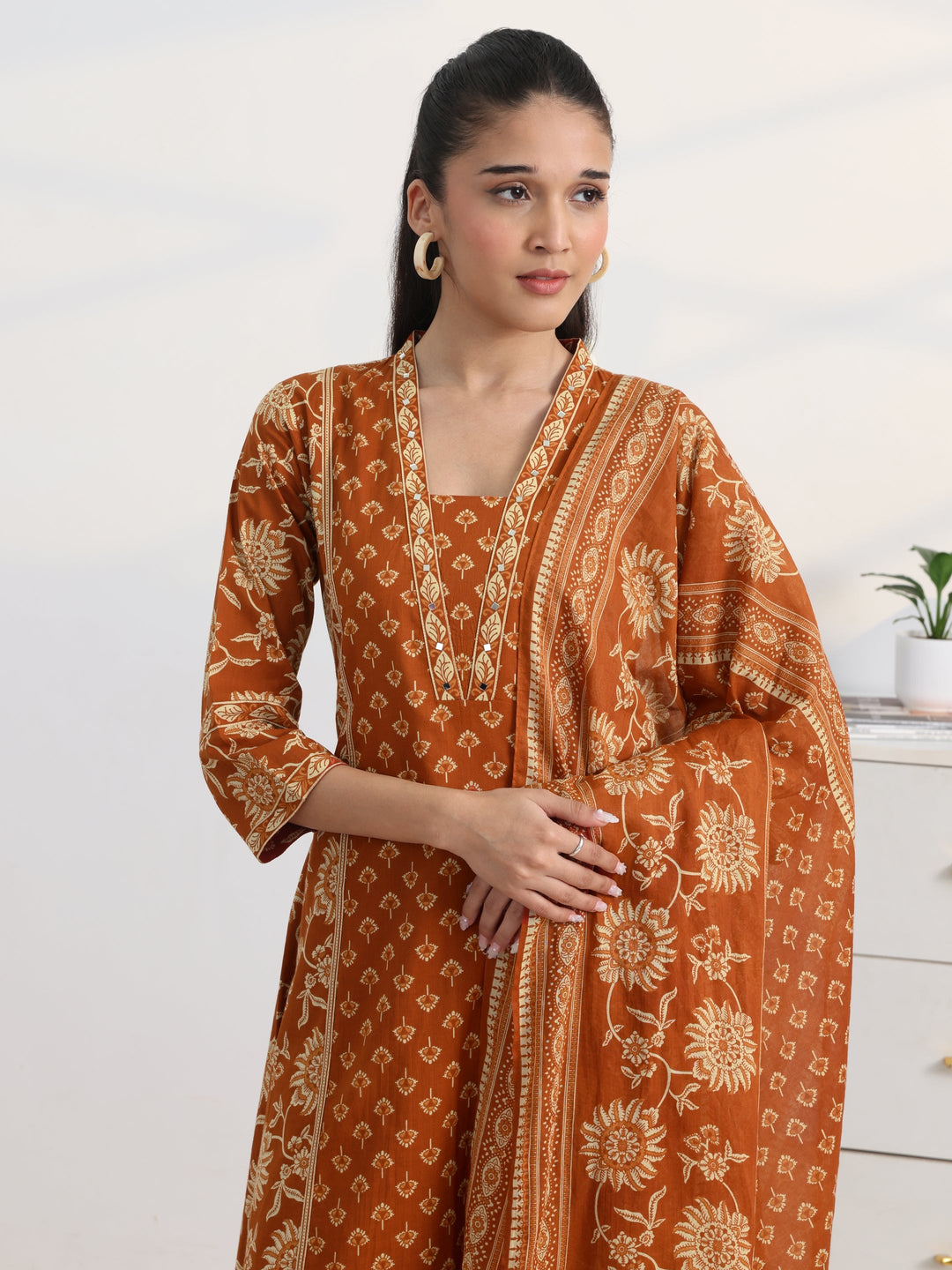 Rust Floral Printed Cotton Blend A-Line Suit Set With Dupatta