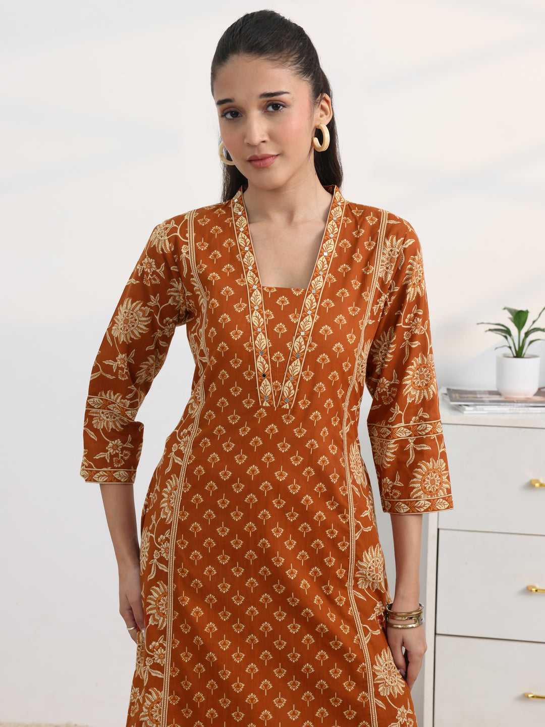 Rust Floral Printed Cotton Blend A-Line Suit Set With Dupatta