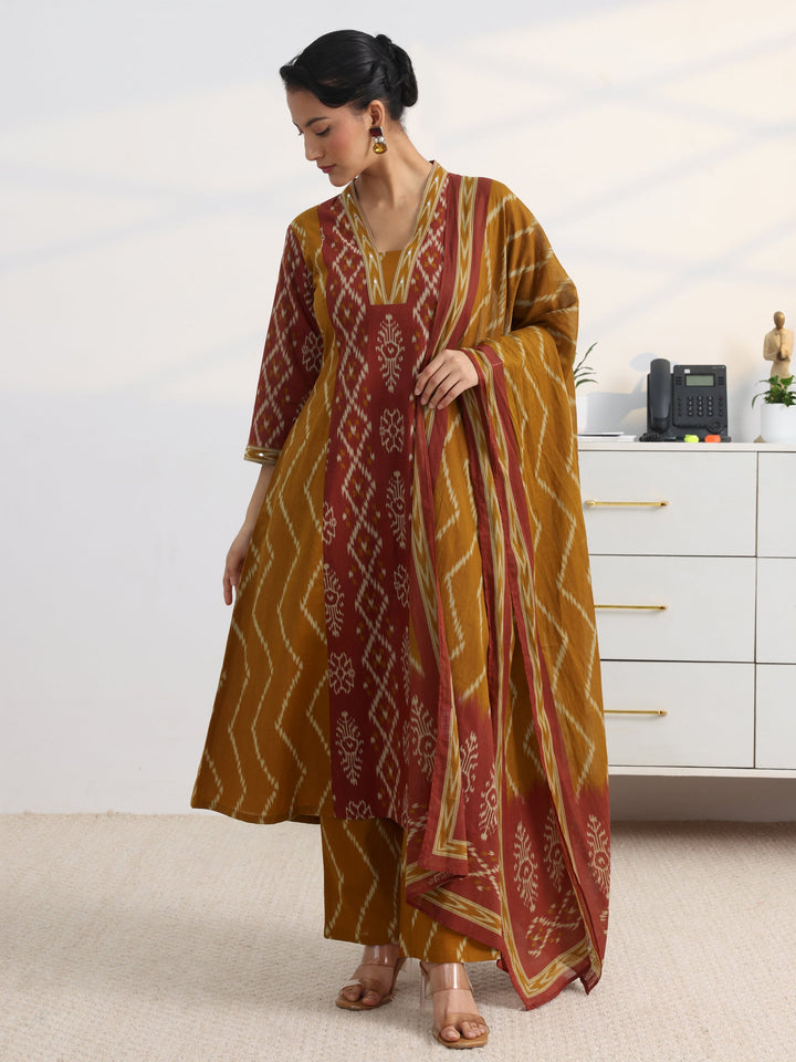 Mustard Printed Cotton Blend A-Line Suit Set With Dupatta