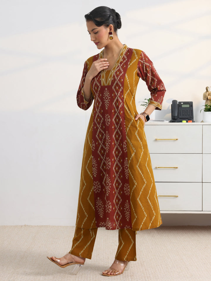 Mustard Printed Cotton Blend A-Line Suit Set With Dupatta