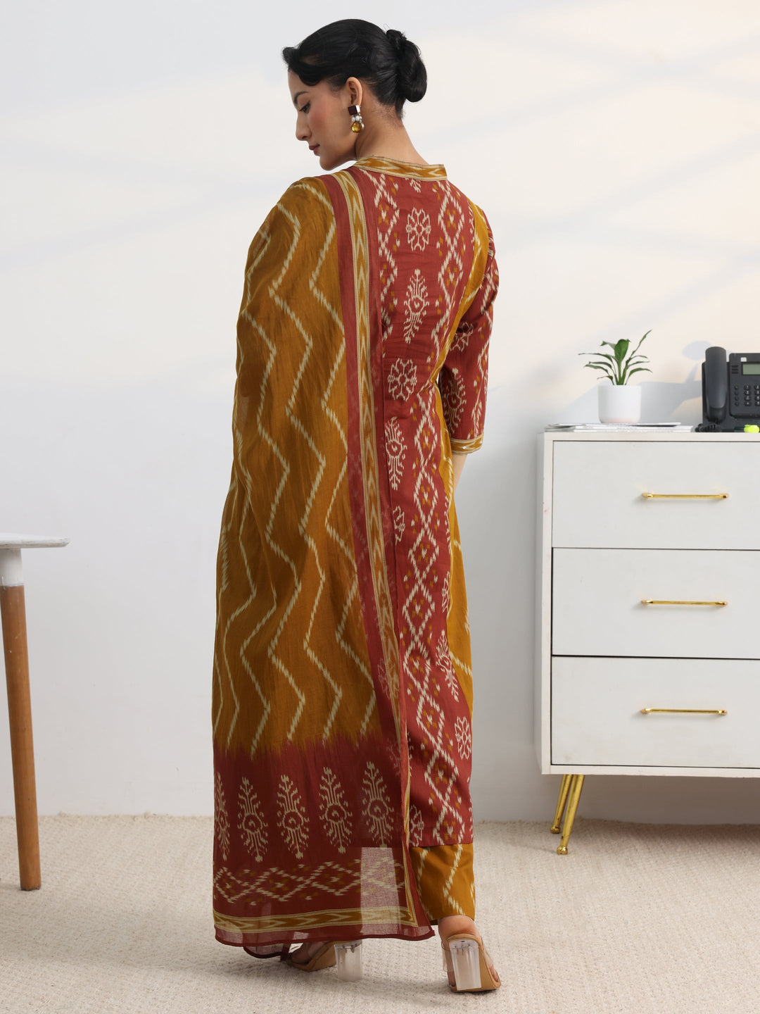 Mustard Printed Cotton Blend A-Line Suit Set With Dupatta
