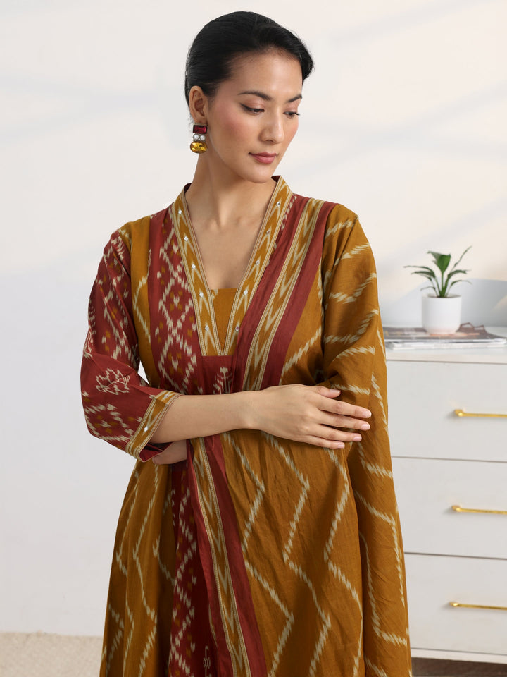Mustard Printed Cotton Blend A-Line Suit Set With Dupatta