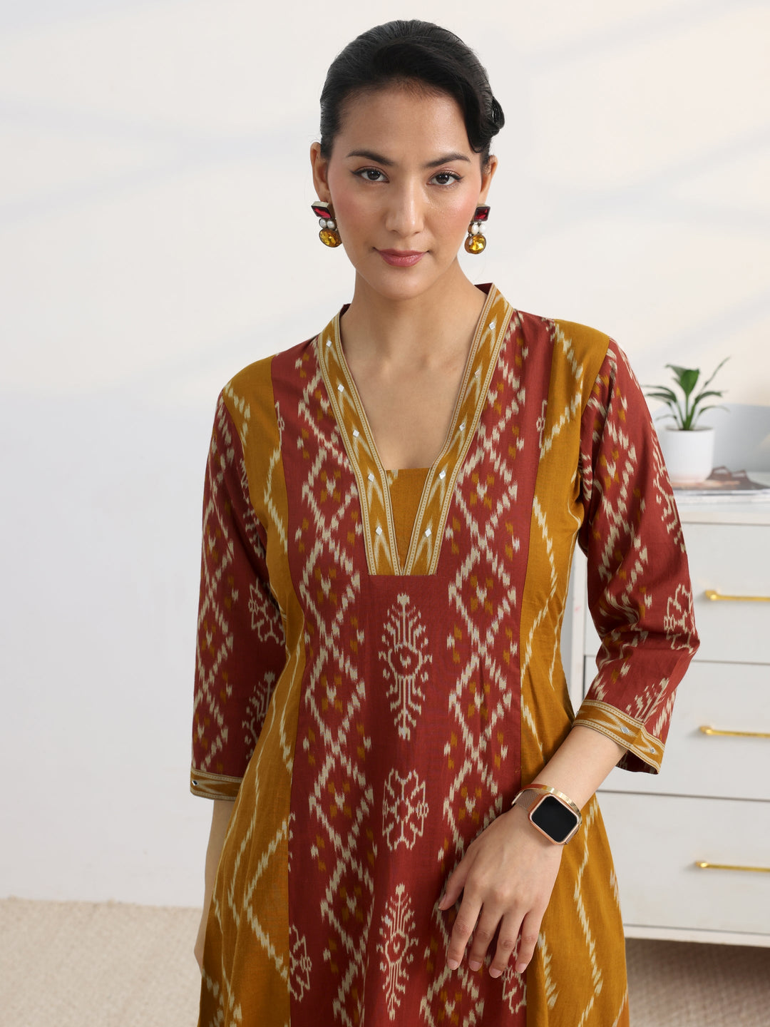 Mustard Printed Cotton Blend A-Line Suit Set With Dupatta