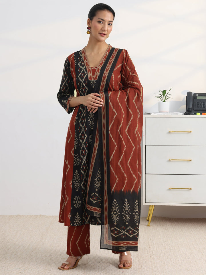 Black Printed Cotton Blend A-Line Suit Set With Dupatta