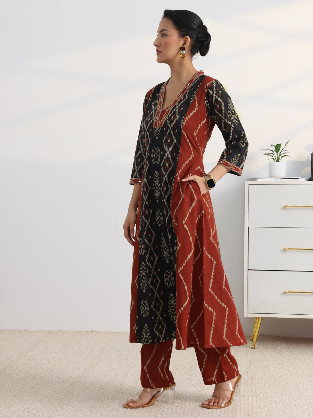 Black Printed Cotton Blend A-Line Suit Set With Dupatta
