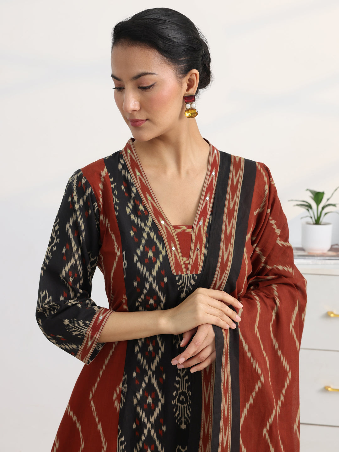 Black Printed Cotton Blend A-Line Suit Set With Dupatta