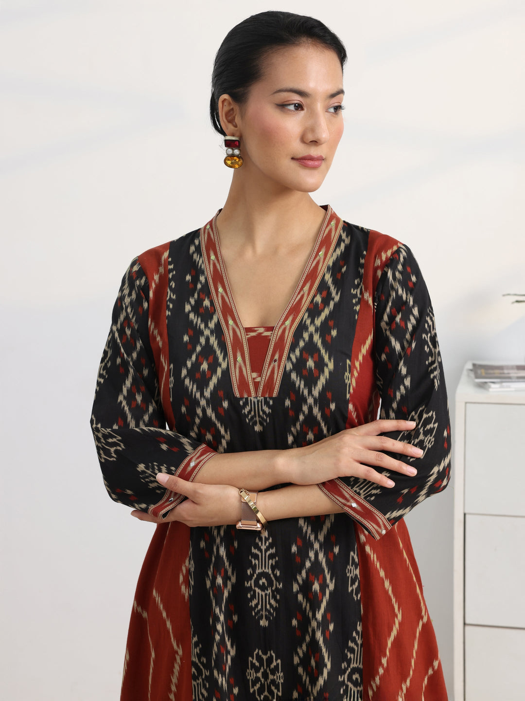 Black Printed Cotton Blend A-Line Suit Set With Dupatta