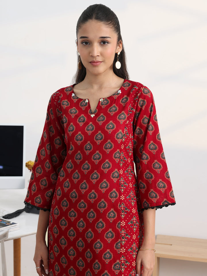 Red Printed Cotton Blend A-Line Kurta Set