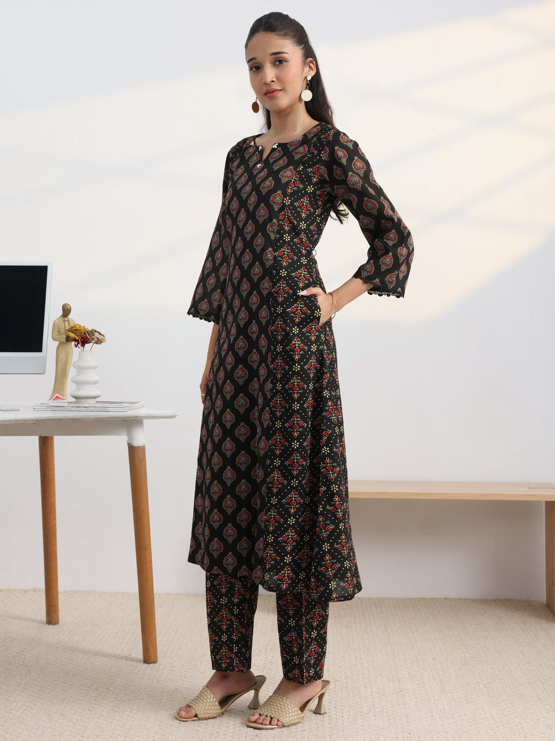 Black Printed Cotton Blend A-Line Kurta Set