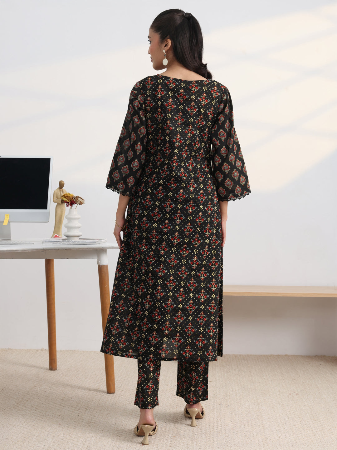 Black Printed Cotton Blend A-Line Kurta Set