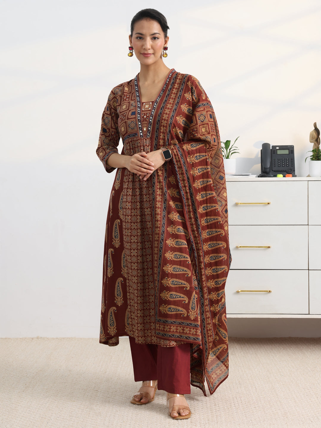 Rust Printed Cotton Blend A-Line Suit Set With Dupatta