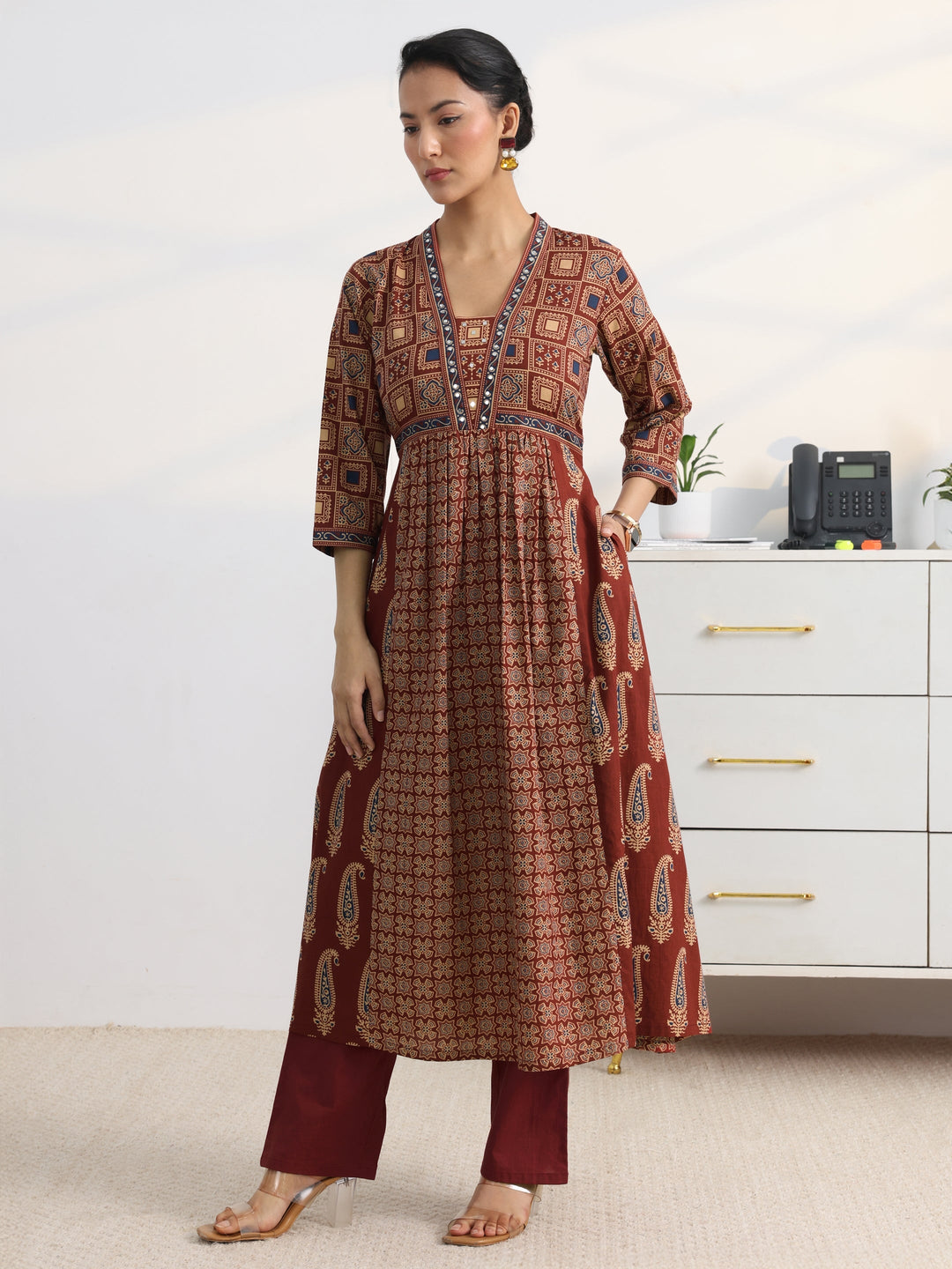 Rust Printed Cotton Blend A-Line Suit Set With Dupatta