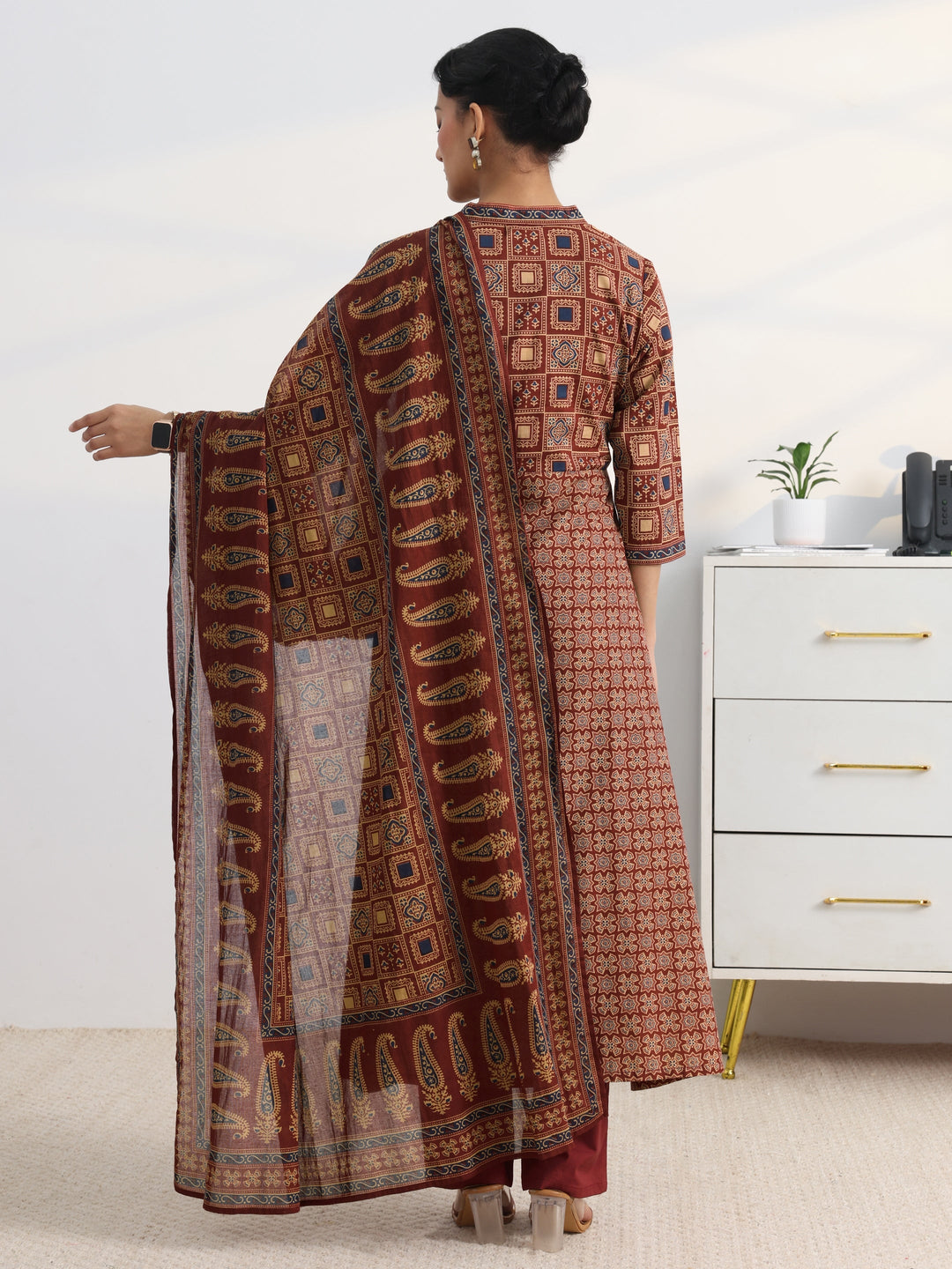 Rust Printed Cotton Blend A-Line Suit Set With Dupatta