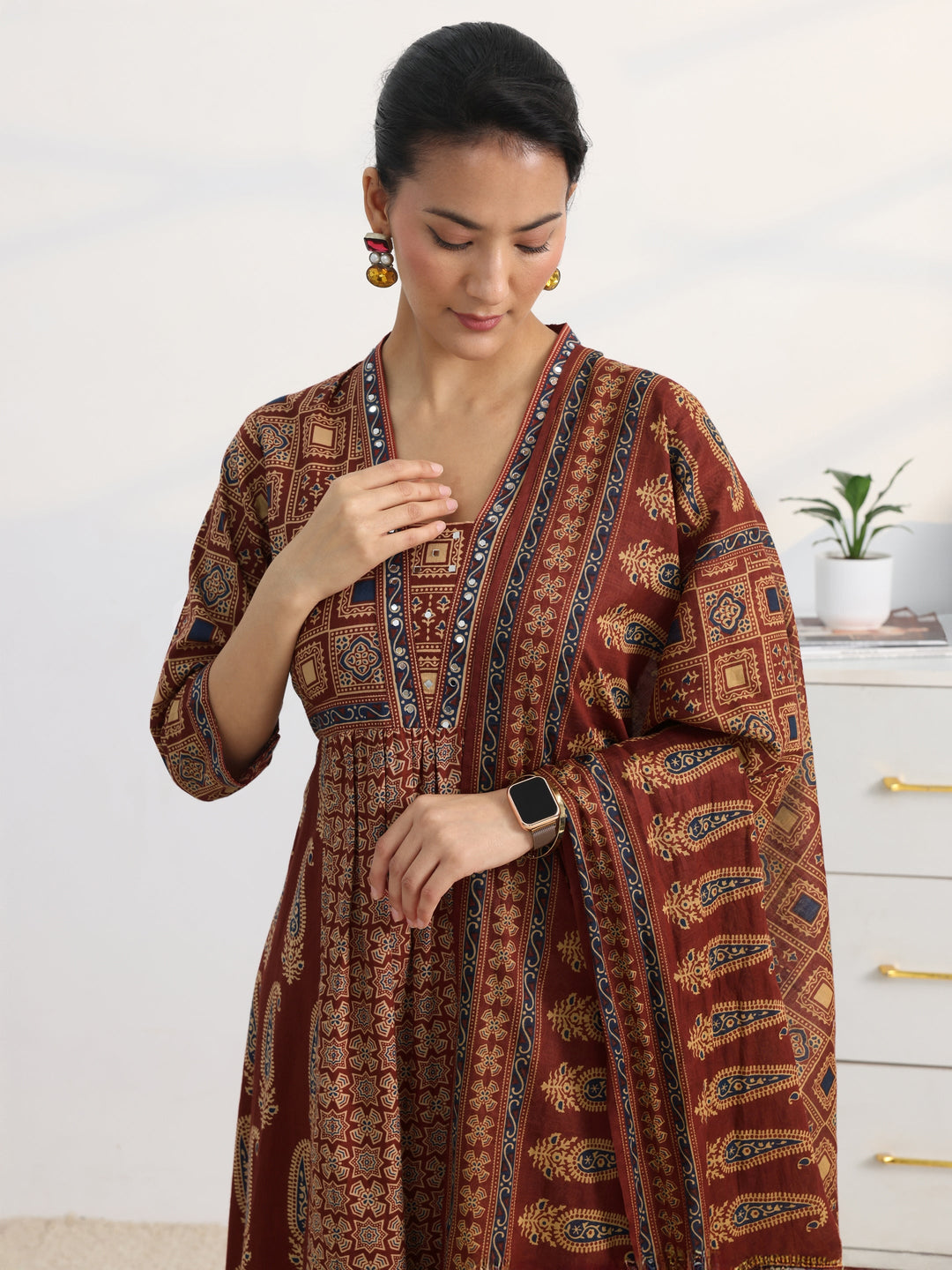 Rust Printed Cotton Blend A-Line Suit Set With Dupatta
