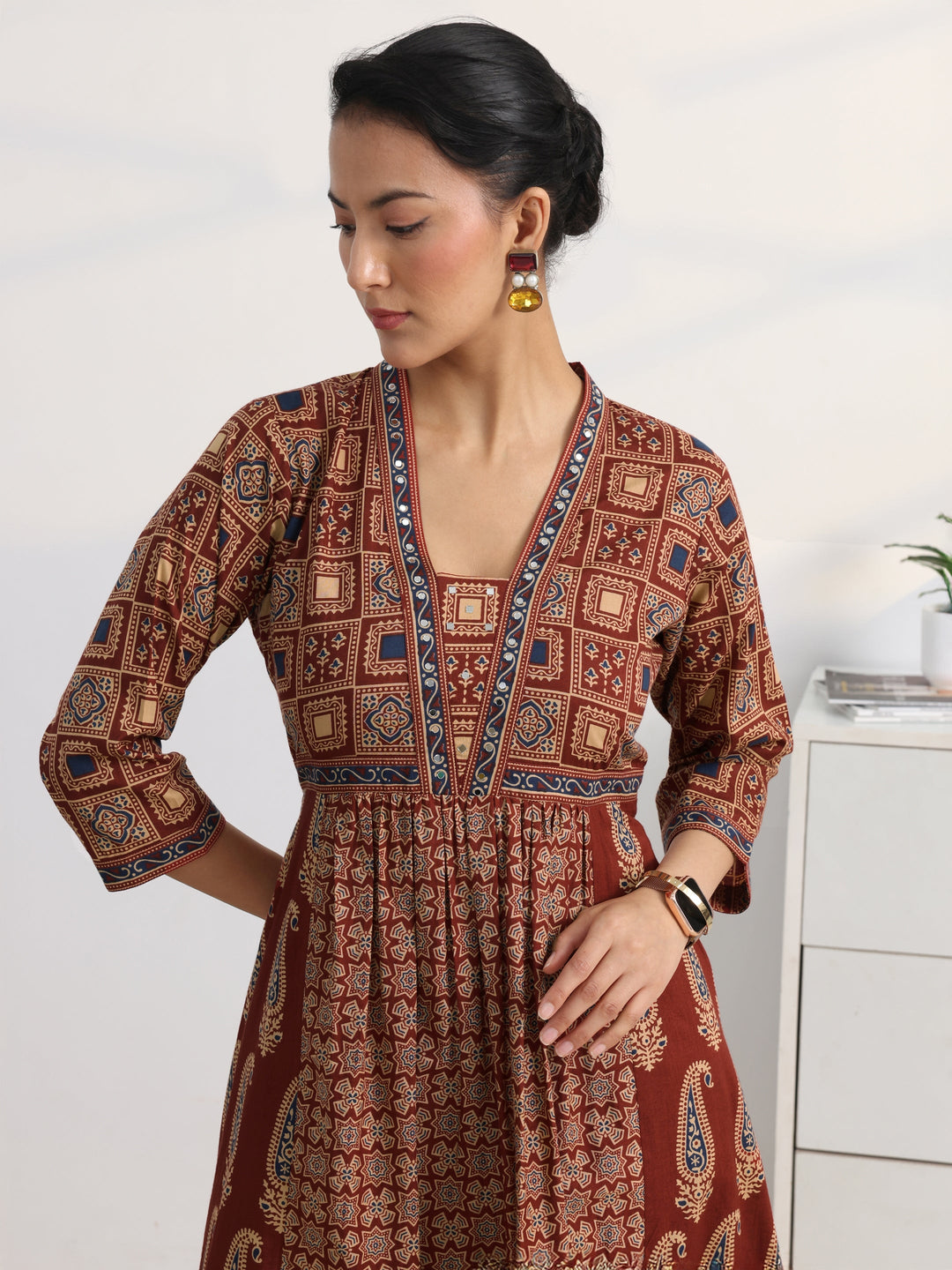 Rust Printed Cotton Blend A-Line Suit Set With Dupatta
