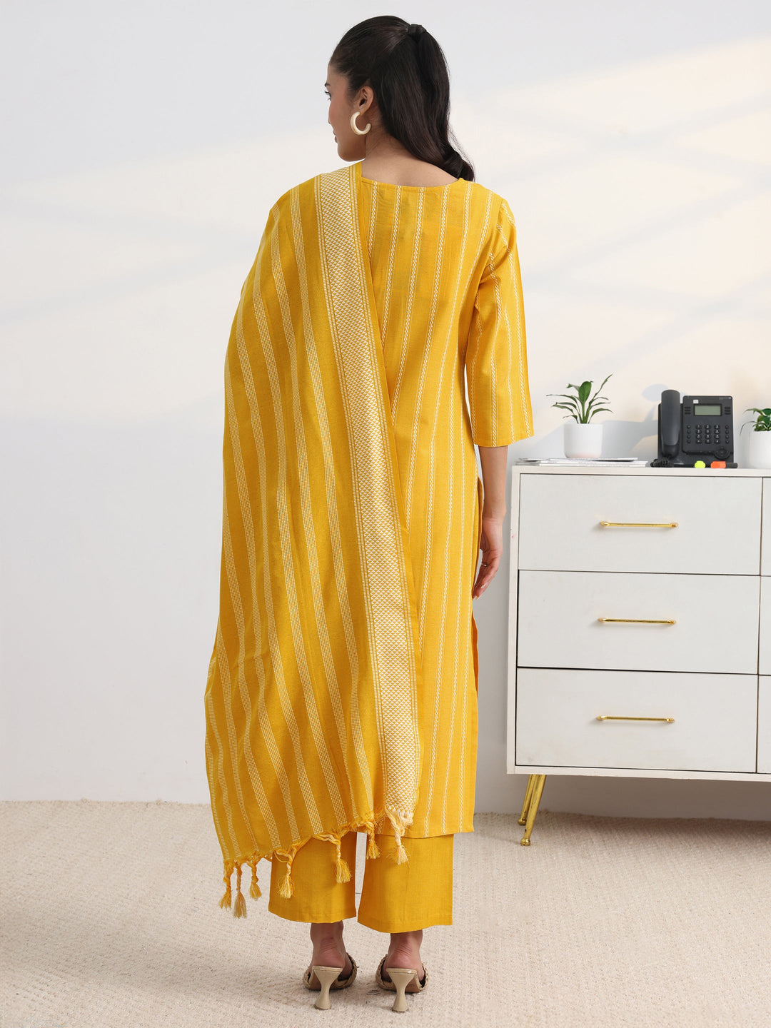 Yellow Striped Woven Design Cotton Blend Straight Suit Set With Dupatta