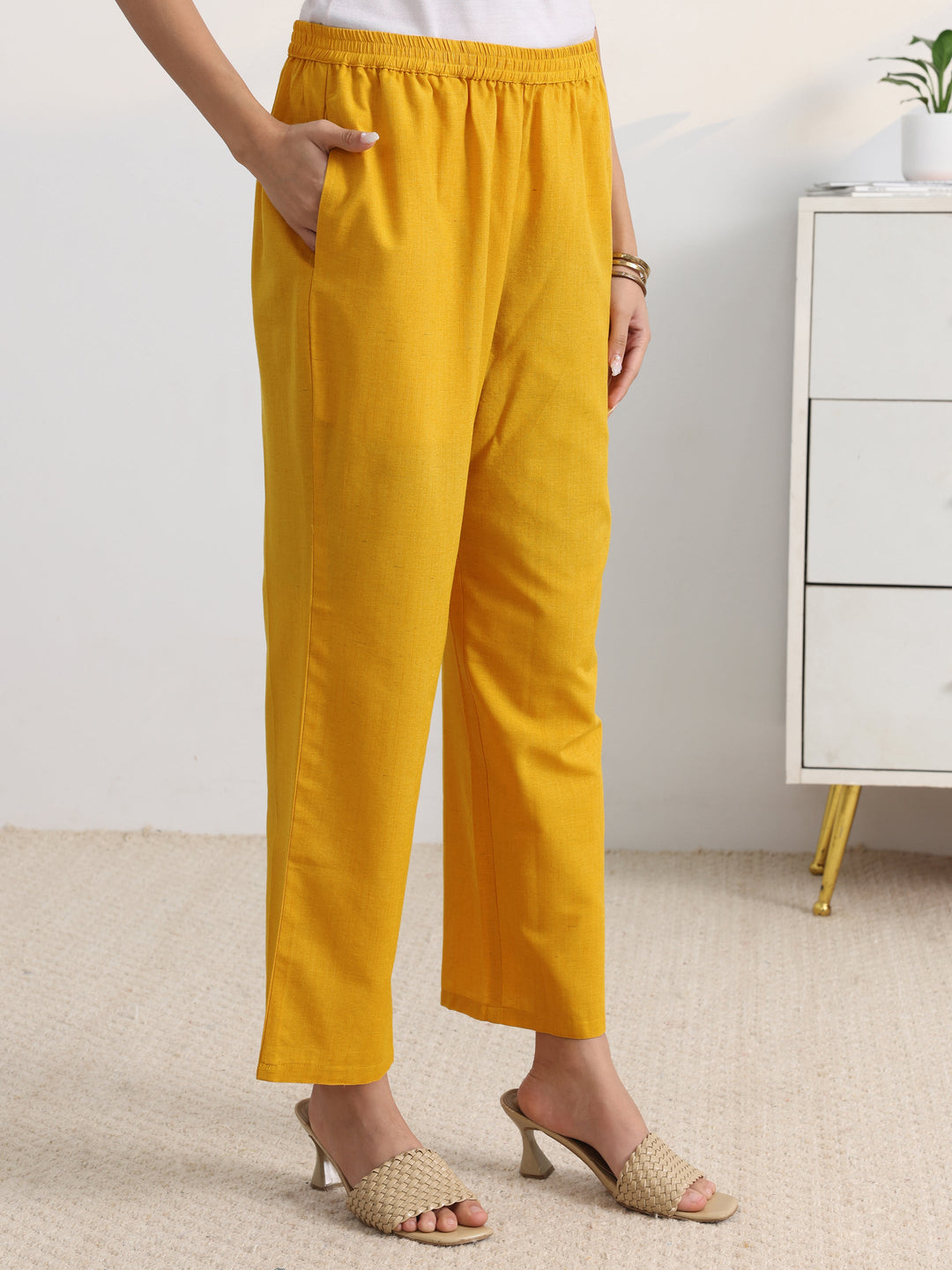Yellow Striped Woven Design Cotton Blend Straight Suit Set With Dupatta