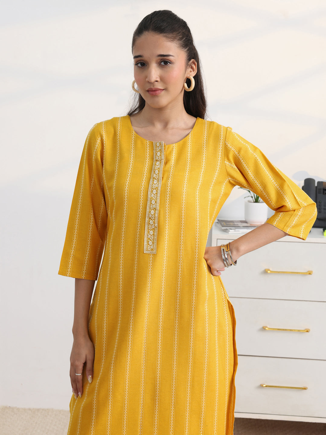 Yellow Striped Woven Design Cotton Blend Straight Suit Set With Dupatta