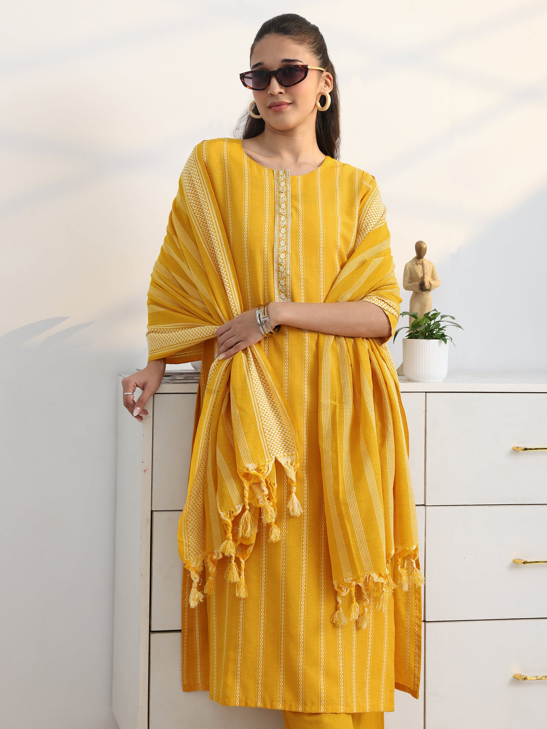 Yellow Striped Woven Design Cotton Blend Straight Suit Set With Dupatta