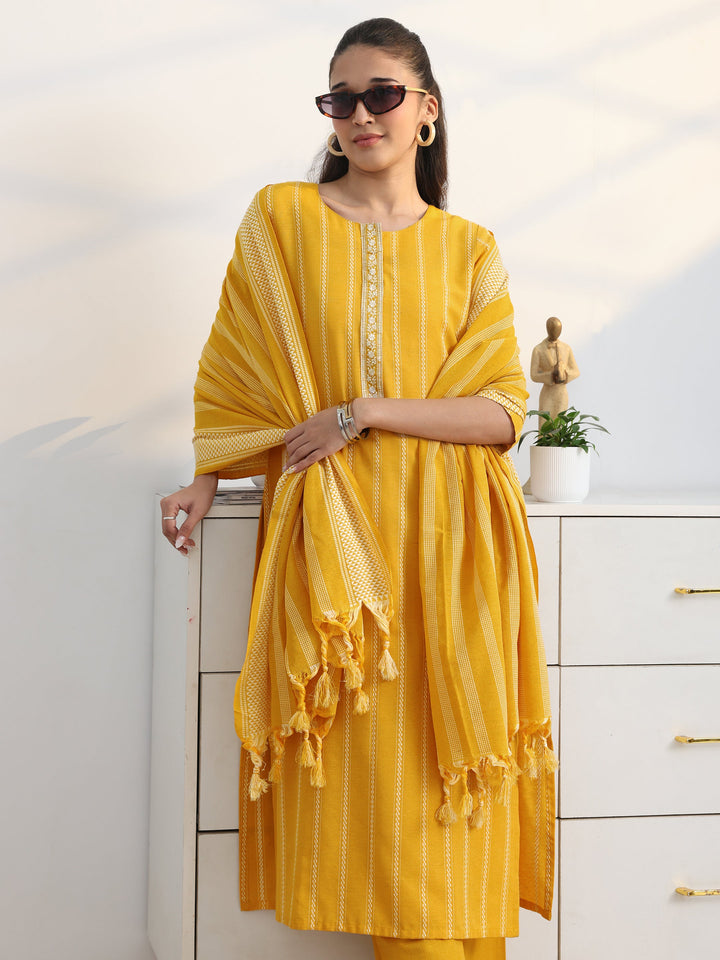 Yellow Striped Woven Design Cotton Blend Straight Suit Set With Dupatta