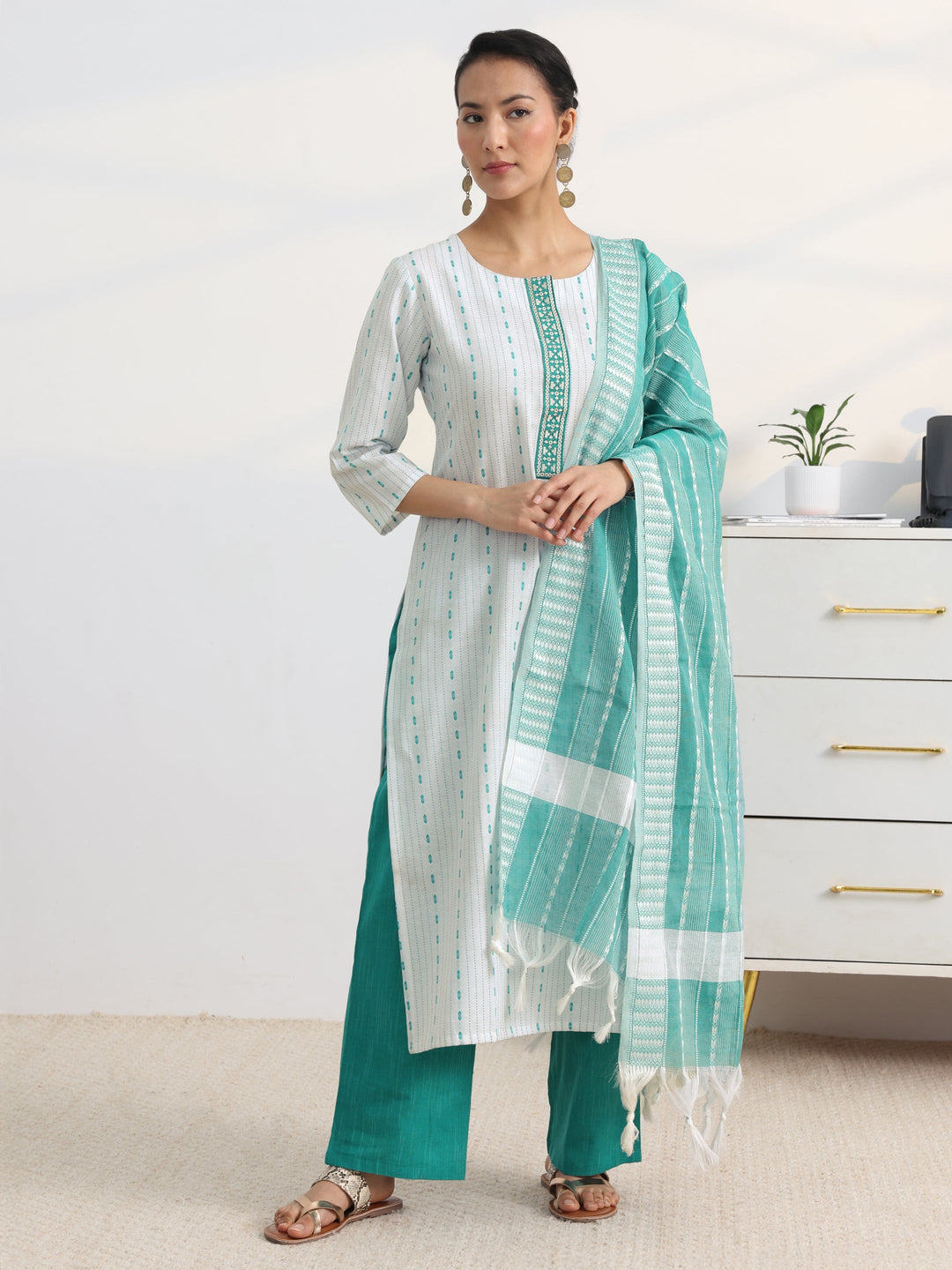 White Striped Woven Design Cotton Blend Straight Suit Set With Dupatta