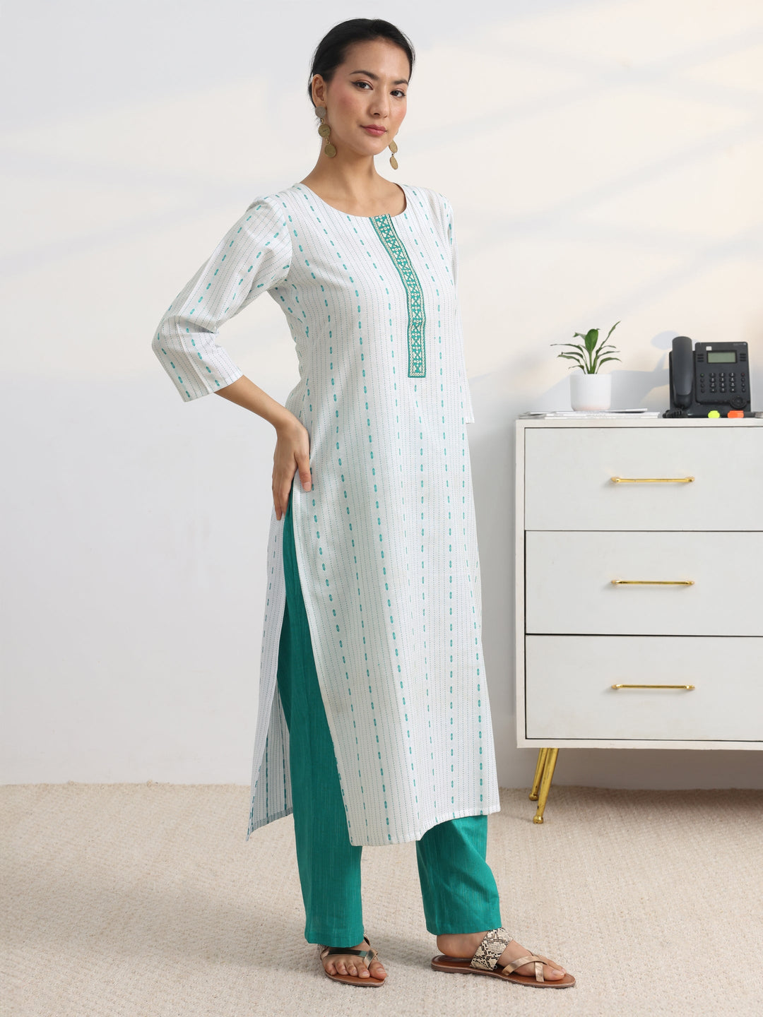 White Striped Woven Design Cotton Blend Straight Suit Set With Dupatta