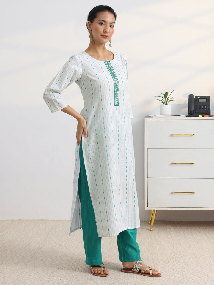 White Striped Woven Design Cotton Blend Straight Suit Set With Dupatta