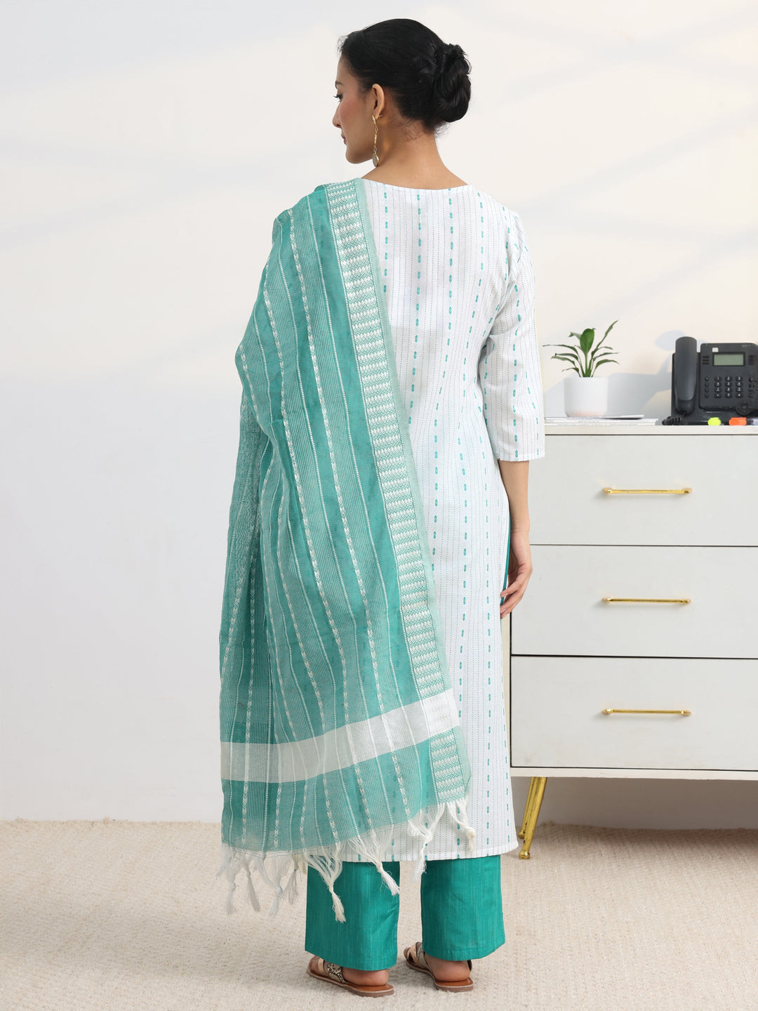 White Striped Woven Design Cotton Blend Straight Suit Set With Dupatta
