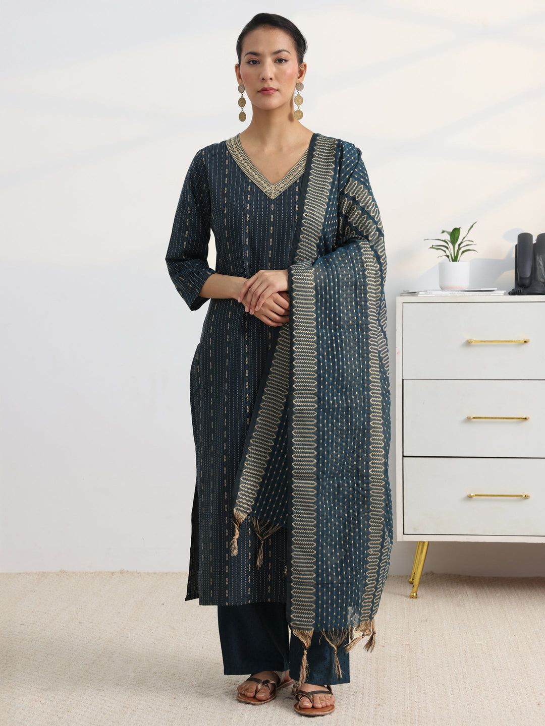 Teal Woven Design Cotton Blend Straight Suit Set With Dupatta